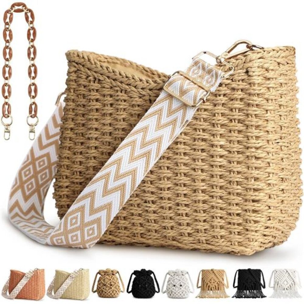 Woven Straw Crossbody Bag with Patterned Strap - Natural